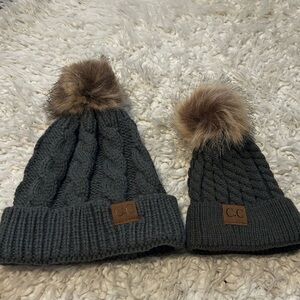 C.C Charcoal Lattice Crossover Stitch Pattern Beanie mom and baby